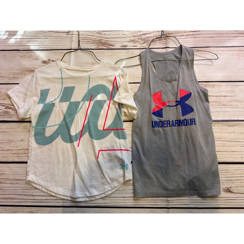 Under Armour‎ Girls HeatGear Shirt and Tank Top Bundle Grey White YMD Medium 2pc